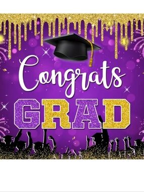 Congrats Grad Party Backdrop - Purple and Gold Graduation Banner